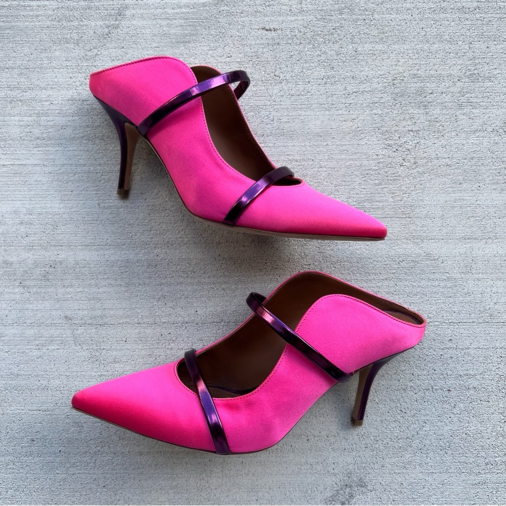 Malone Souliers Hot Pink Pointed Toe Mules with Purple Straps